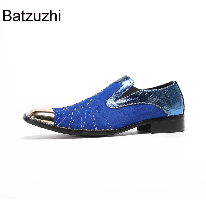 Batzuzhi حذاء رجالي جلدي أزرق معدني بمقدمة مربعة سهل الارتداء من الجلد الرسمي للأعمال والحفلات والزفاف للرجال