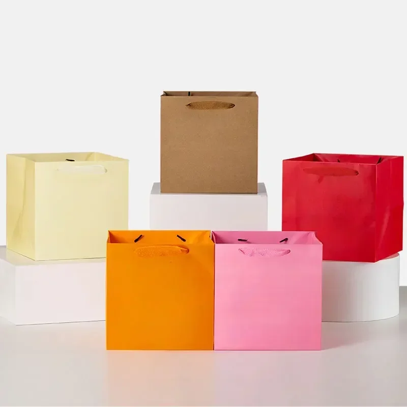 Square Kraft Paper Handbag Colour Multi Size Film Covering Waterproof Strong Bearing Thick Portable Bag Gift Flower Packing Bags