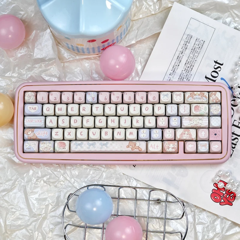 Cute Angel Bear PBT Keycaps,134 Keys MOA Profile Doubleshot Custom Key Caps Set For Mechanical Keyboards 60% 75% 80% 100%