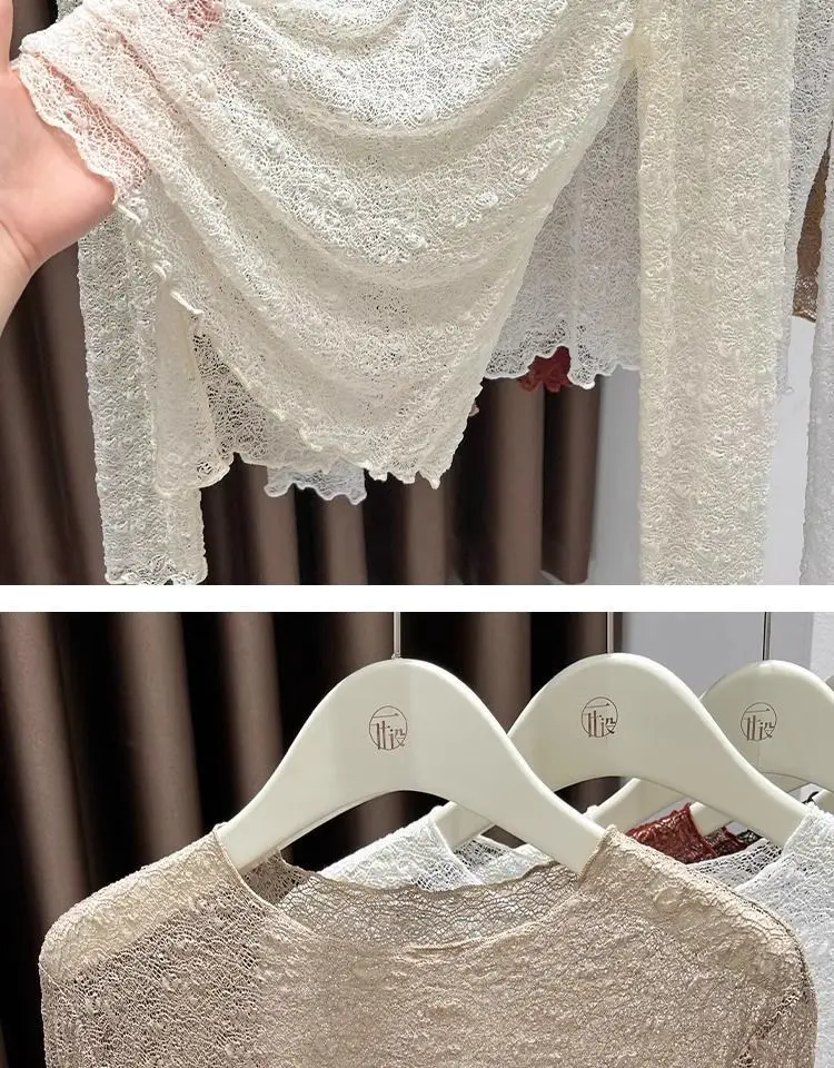 Damen-Oberteil mit Rundhalsausschnitt und Spitze, neues Herbst-/Winter-Modell, durchsichtiges Netzstoff-Langarmshirt, figurbetontes, elegantes und modisches Oberteil für den Innenbereich. – Detail 5