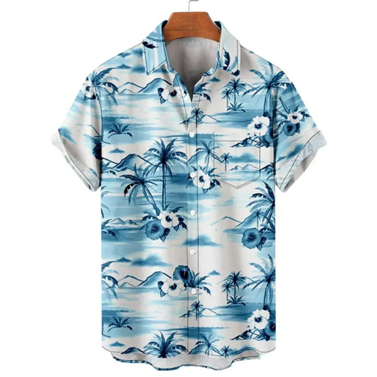 Summer men's coconut tree print collar shirt Hawaii casual vacation men's short sleeved button pocket high-quality shirt XS-5XL