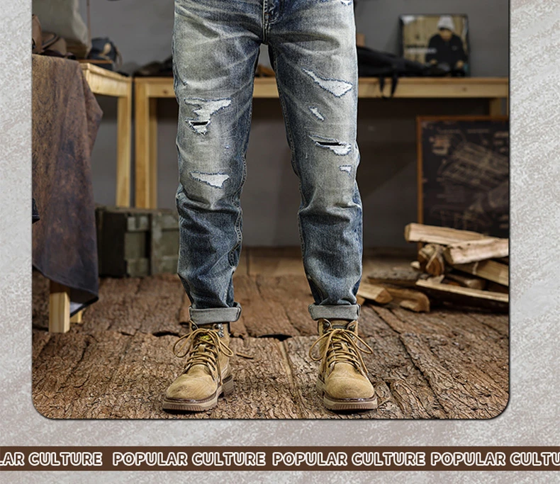 2025 SS Premium Selvedge Ripped Hole Denim Jeans for Men American Vintage High-Street Slim Straight Stretch Tapered Pants