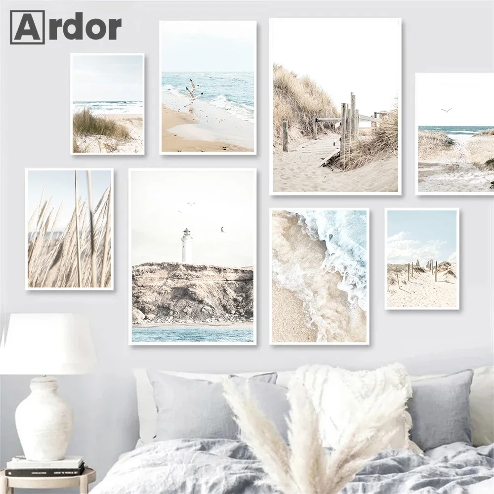 

Blue Sea Ocean Art Painting Beach Canvas Poster Seagull Wall Art Print Lighthouse Posters Nordic Wall Pictures Living Room Decor