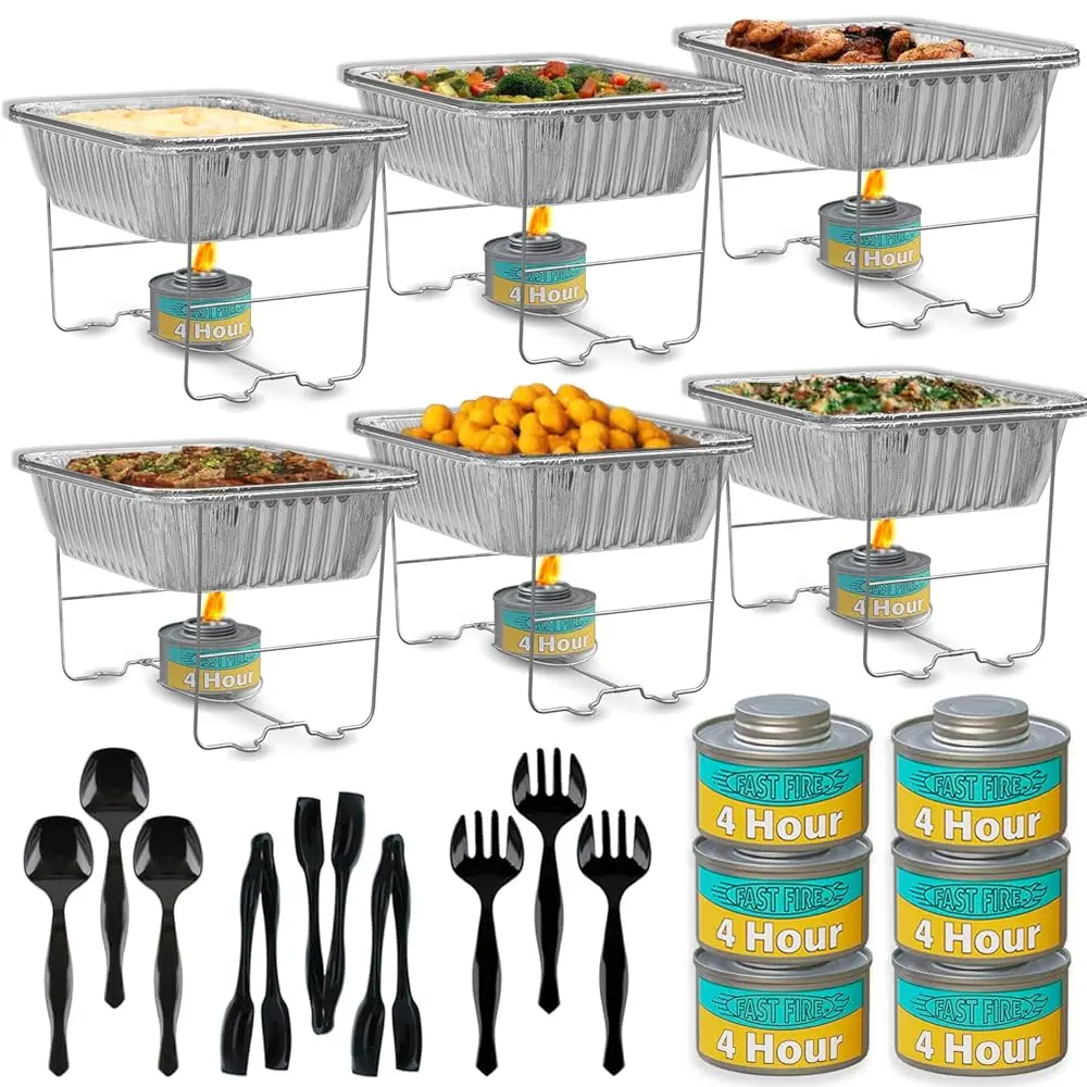 

Chafing Dish Buffet Set, Half Size, Disposable Catering Supplies -6 Pack- Food Warmers For Parties: Foldable Wire Racks, Fuel,