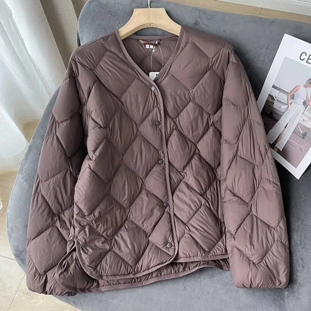 Women Liner Duck Down Jacket V-neck 2024 New Female Winter Warm Collarless Fashion Ultralight Quilted Puffer Coat Office Lady