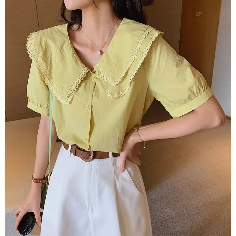 

Summer Casual Korean Fashion Loose Office Lady Simplicity Elegant Trend Buttons Single Breasted Solid Color Doll Collar Sweet