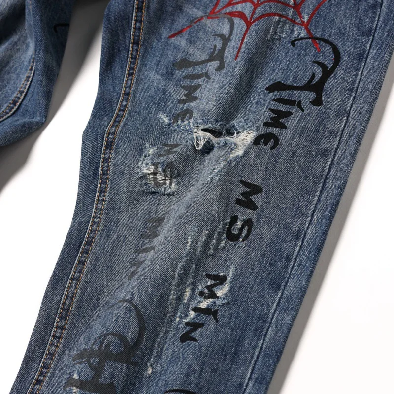 Street ripped jeans men's fashion hip-hop fashion printing Y2K washed-out vintage loose denim pants