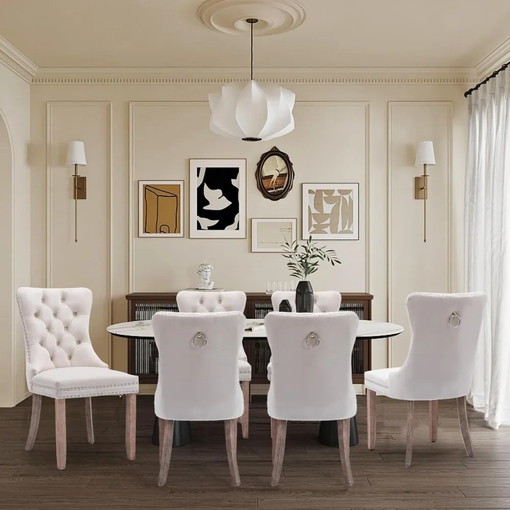 طقم كراسي طعام مخملية مكون من 6 كراسي منجدة لغرفة الطعام مع كراسي جانبية للمطبخ مع زخرفة رأس الأظافر وأرجل خشبية