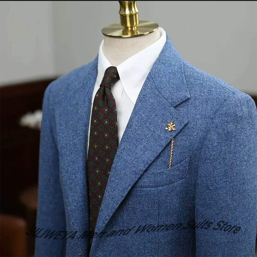 Timeless Blue Textured Suits for Men Single Breasted Notch Lapel Blazer Classic Two Piece Set Formal Business Casual Jacket