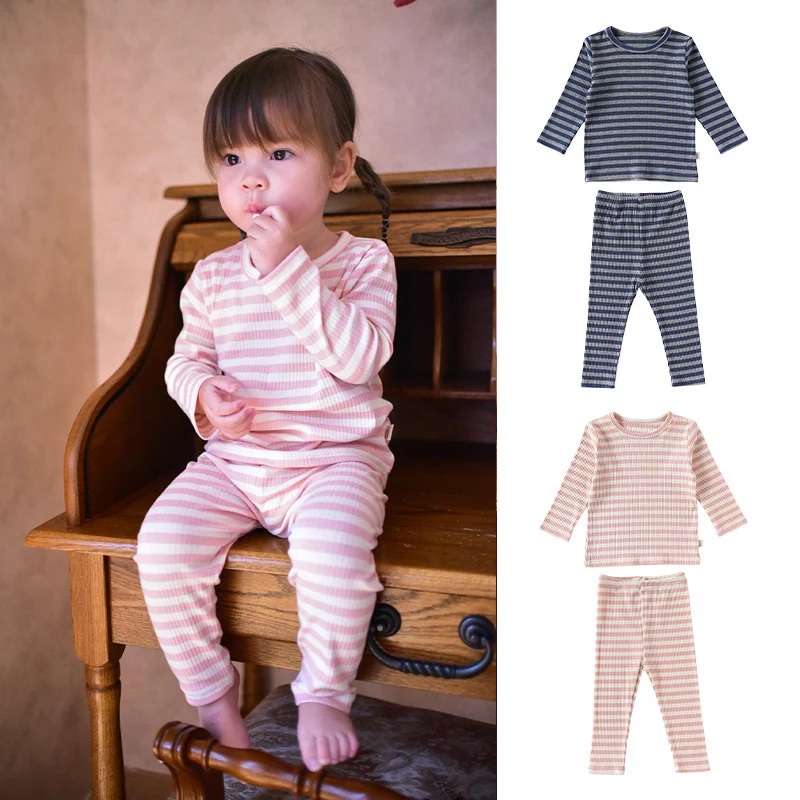 1-5T Toddler Kid Baby Boy Girl Clothes Set Striped Cotton Top Pant Suit Casual Plain 2pcs Pajamas Set Homewear Outfit