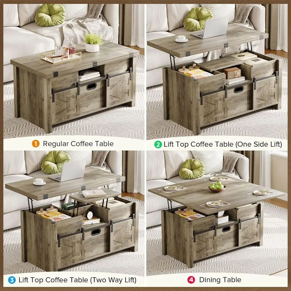 طاولة قهوة قابلة للتحويل 4 في 1 باللون الرمادي مع باب الحظيرة المنزلقة وأدراج تخزين ومقصورات مخفية #4
