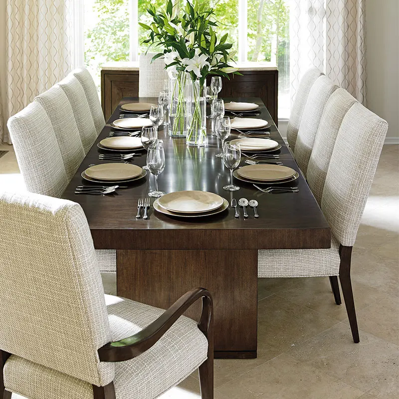 American dark walnut solid wood long small family meal villa eight people Nordic light luxury dining table and chairs