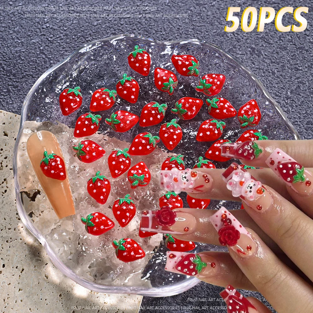 50Pcs 3D Cute Strawberry Nail Art Decorations Fashion Cartoon Fruits Nail Charms for Kawaii DIY Phone Case Crafts Manicure Parts