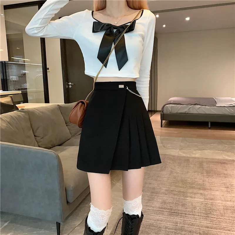 

High Waist Mini Skirts Women New 2022 Korean Style Streetwear All-match Solid Color Ladies A-line Short Pleated Skirt