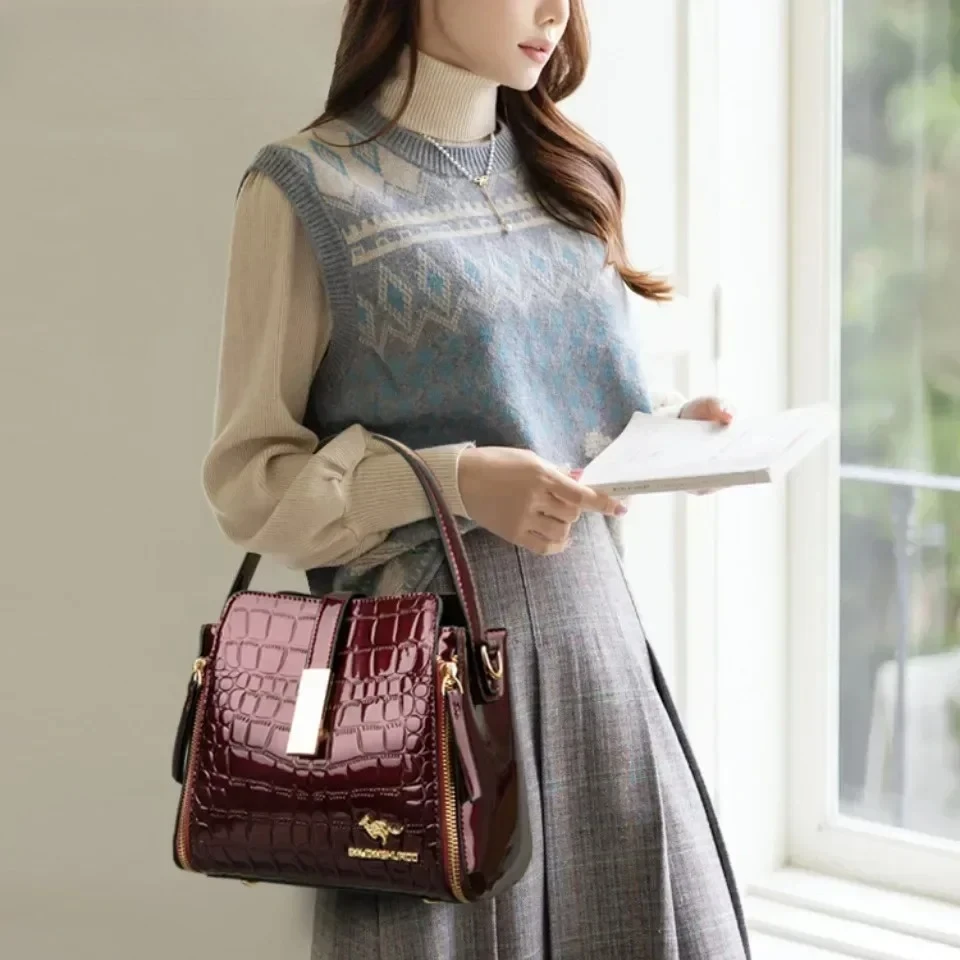 

Bucket Bag Luxury Brand Crossbody Bag Women Patent Leather Handbag High Quality lnterior Slot Pocket Leather Female Shoulder Bag