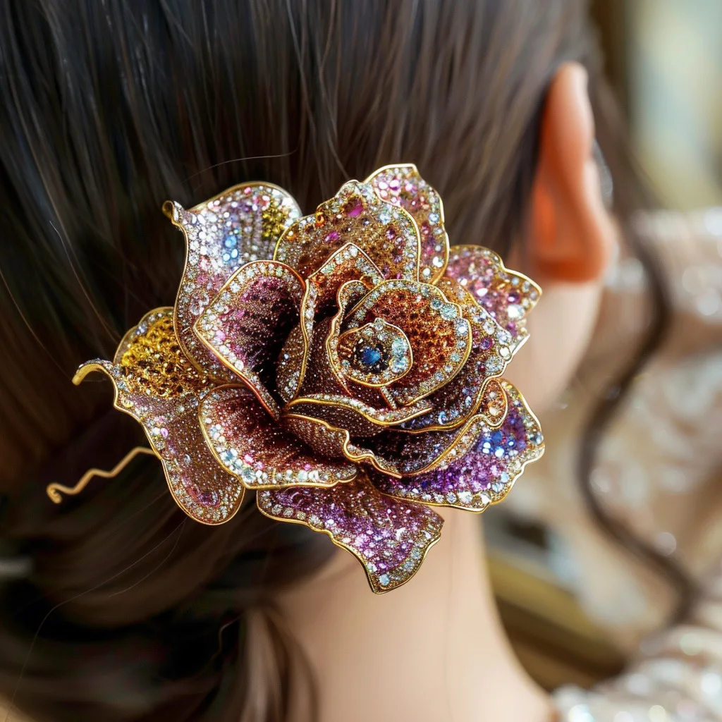 

Designer Rose Hair Pin Micro Inlaid Zirconia Royal Elegance Bridal Heirloom Gift for Women Handmade Metal Floral Jewelry