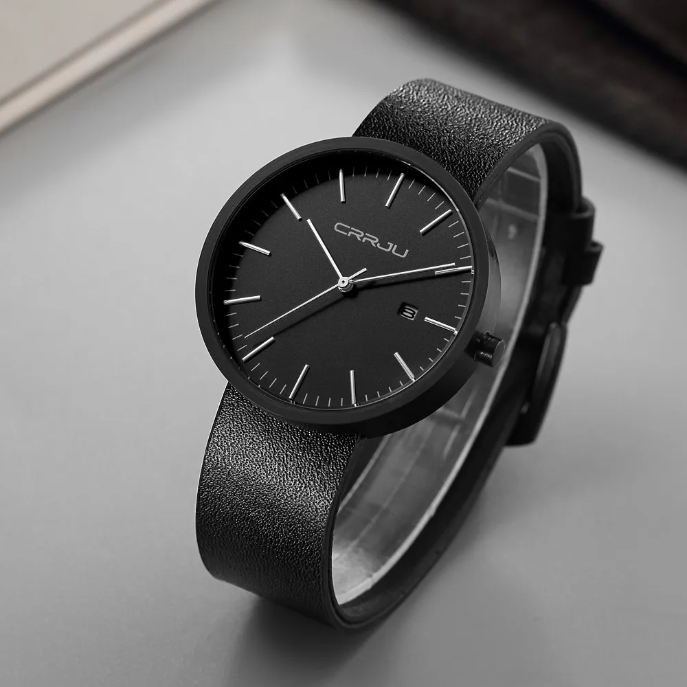 CRRJU Men Original Desgin Clock Fashion leisure Dress Quartz hour Business leather Watch Male Relogio Masculino