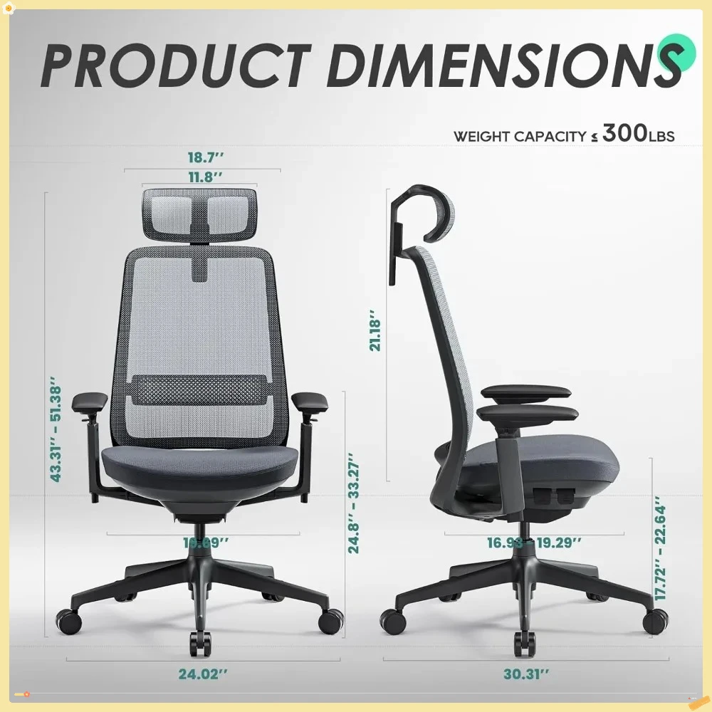 Эргономичное офисное кресло, компьютерное кресло с высокой спинкой, поясничной поддержкой, регулируемым подголовником и 4D-подлокотниками