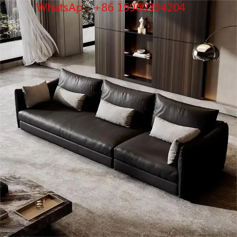 Italian retro leather sofa Top layer cowhide medium antique black living room designer leather art sofa combination