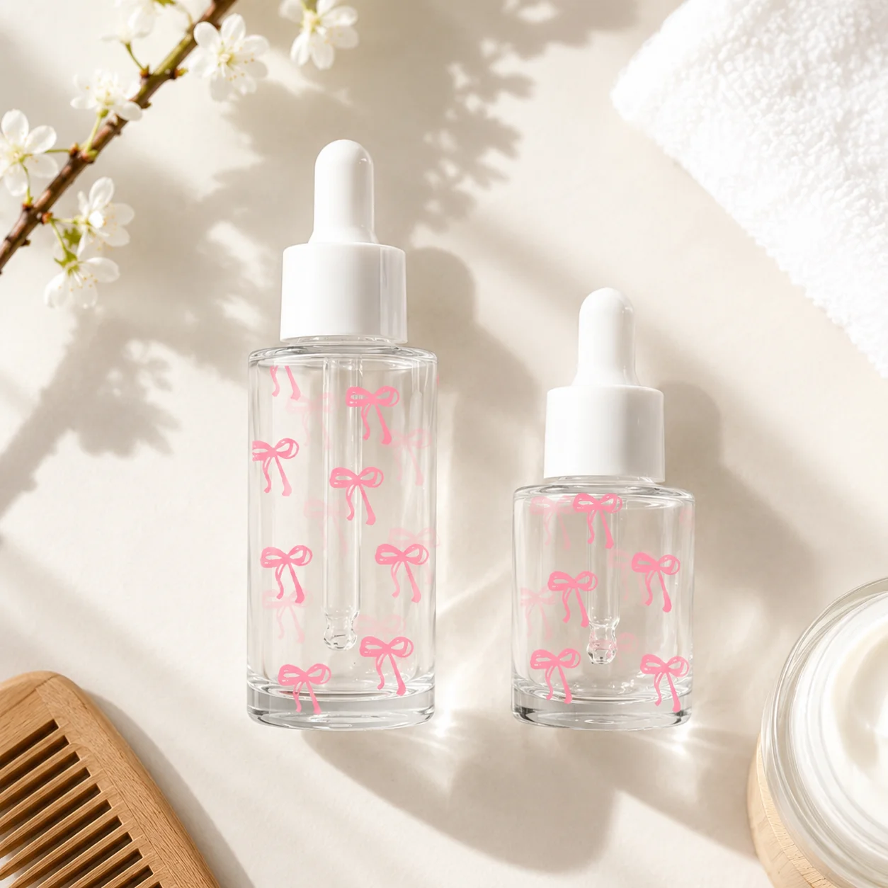 20/40ml Pink Bow Glass Dropper Bottle Refillable Serum Essential Oil Container for Skincare, Travel & Beauty