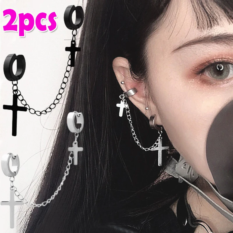 Punk Cross Tassel Earrings Women Integrated Clip Stud Earring Christian Gothic Hip Hop Jewelry Metal Chain Ear Ring Earring Men