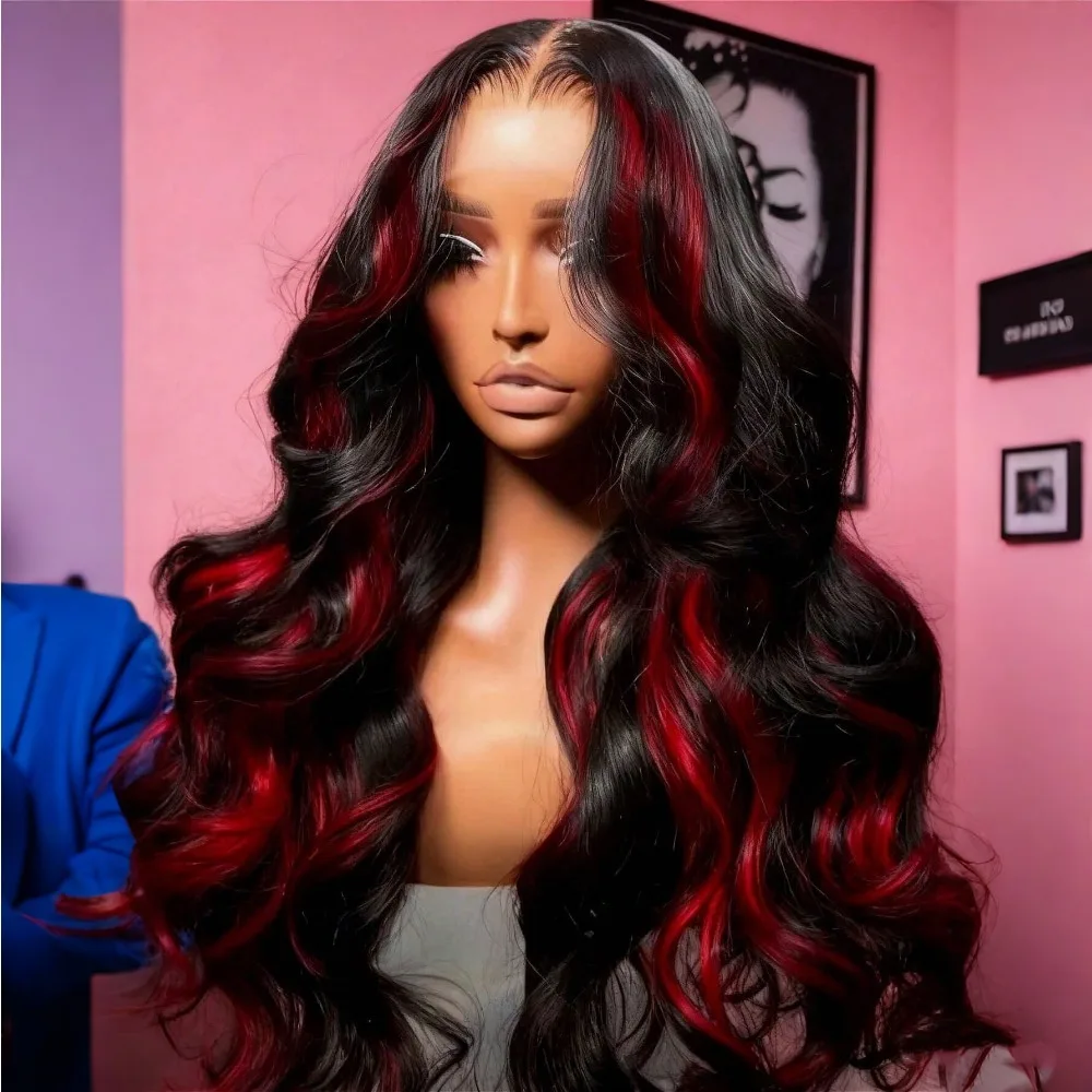

Черно-красные парики с эффектом Body Wave и HD-кружевом 13x4, синтетические, высокого качества, предварительно прорезанные, для женщин, для повседневного использования и косплея