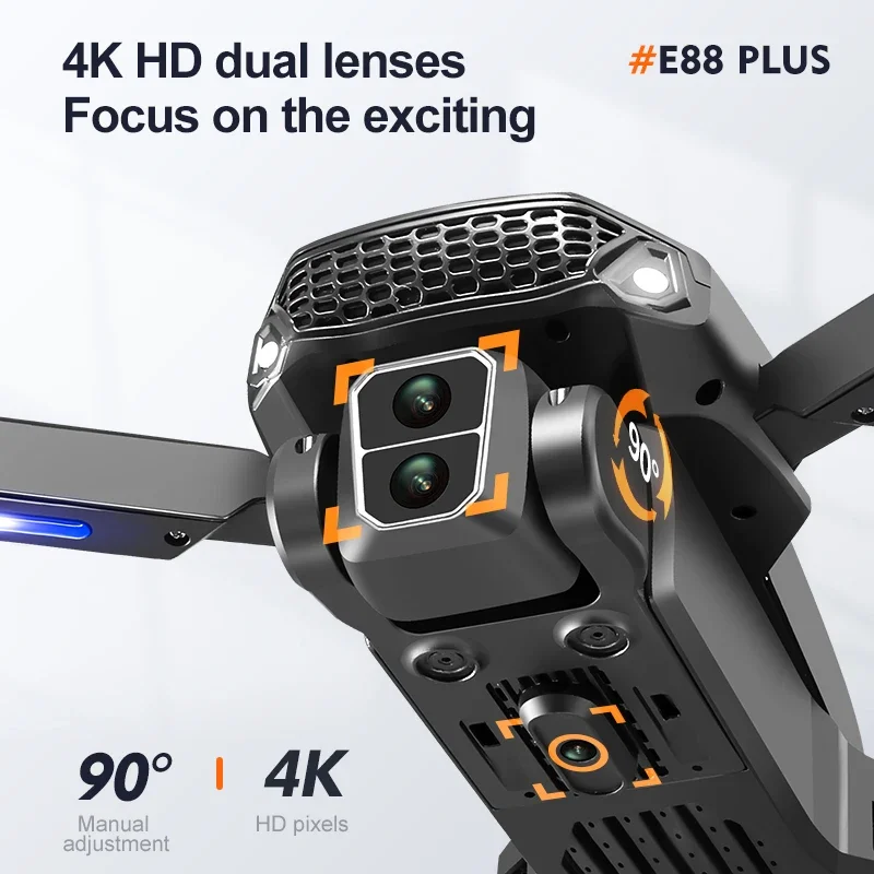 Neue E88 Plus Quadrocopter-Drohne: 90 °   Elektrisch verstellbare Kamera, bürstenloser Motor, Spielzeug zur Positionierung des optischen Flusses