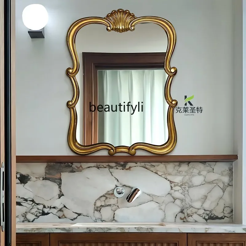 

French retro carved makeup mirror LED light wall hanging bedroom vanity mirror bathroom mirror6239