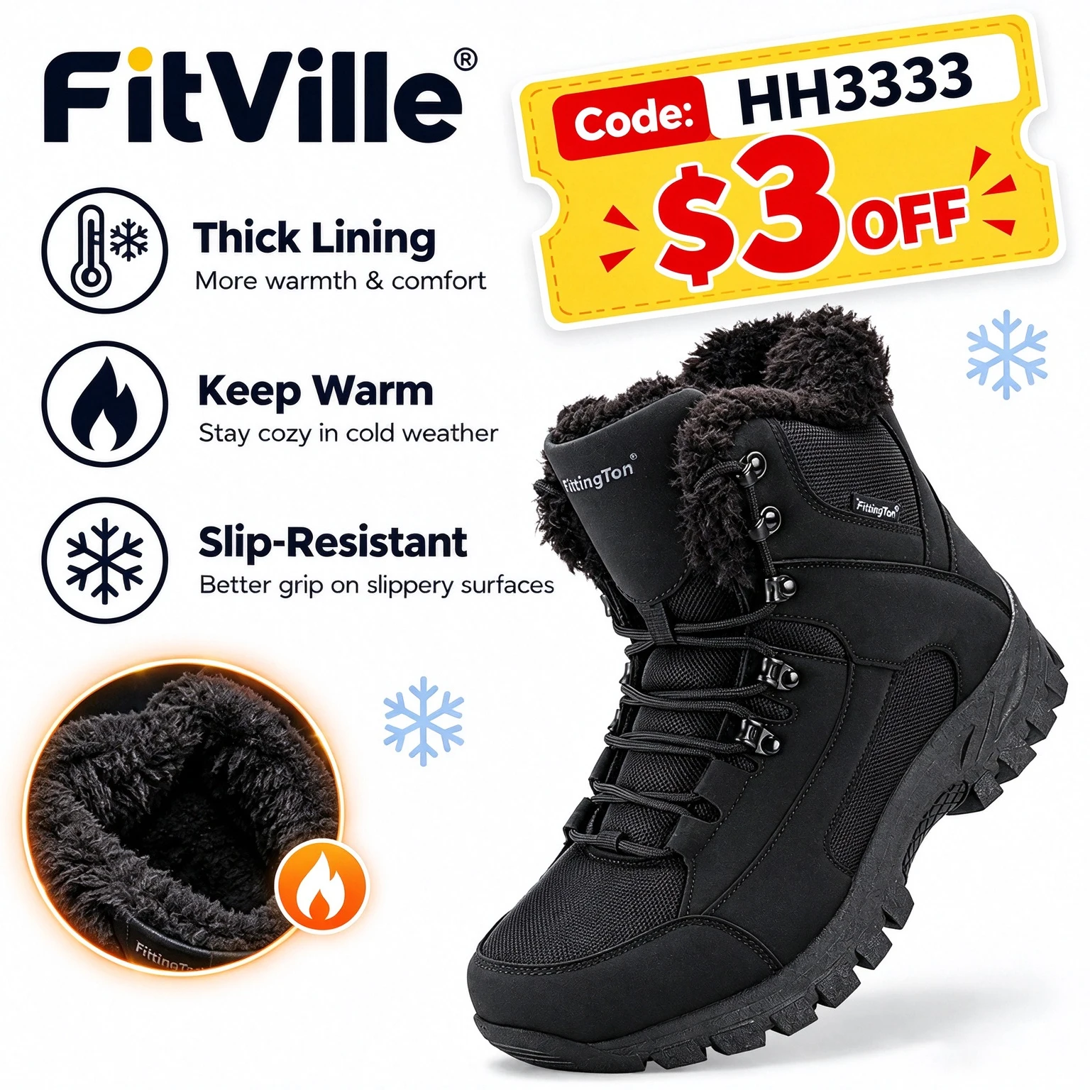 Fitville Wide Fit Herren-Winterstiefel, verdickte, warme Schneestiefel, rutschfest, wasserabweisend, mit Fell gefütterte Winter-Knöchelstiefel