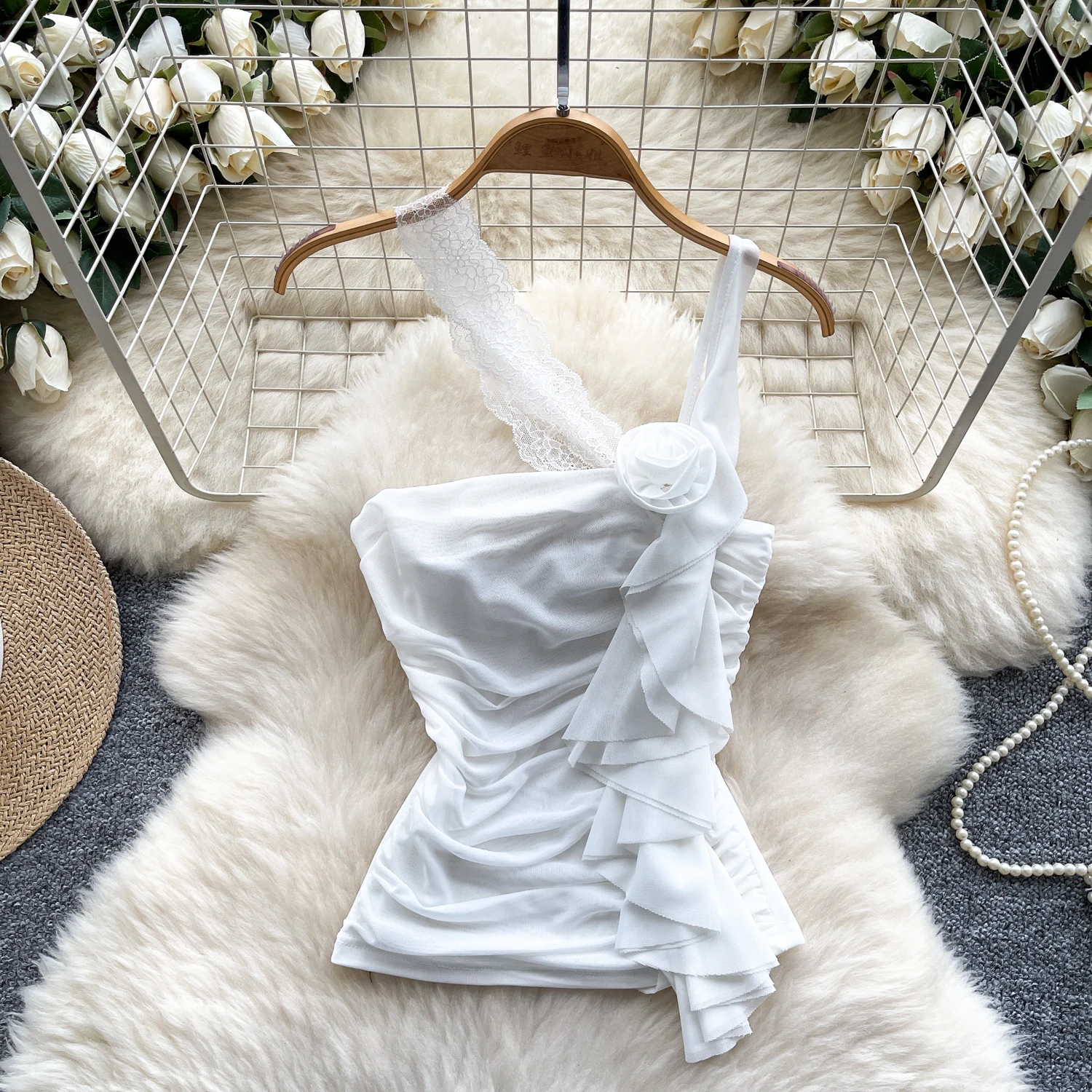 Elegancka bluzka damska w stylu vintage, bez rękawów, asymetryczna, koronkowa, dopasowana, modna koszula, codzienna, szykowna, top, wróżkowa, letnia koszula.