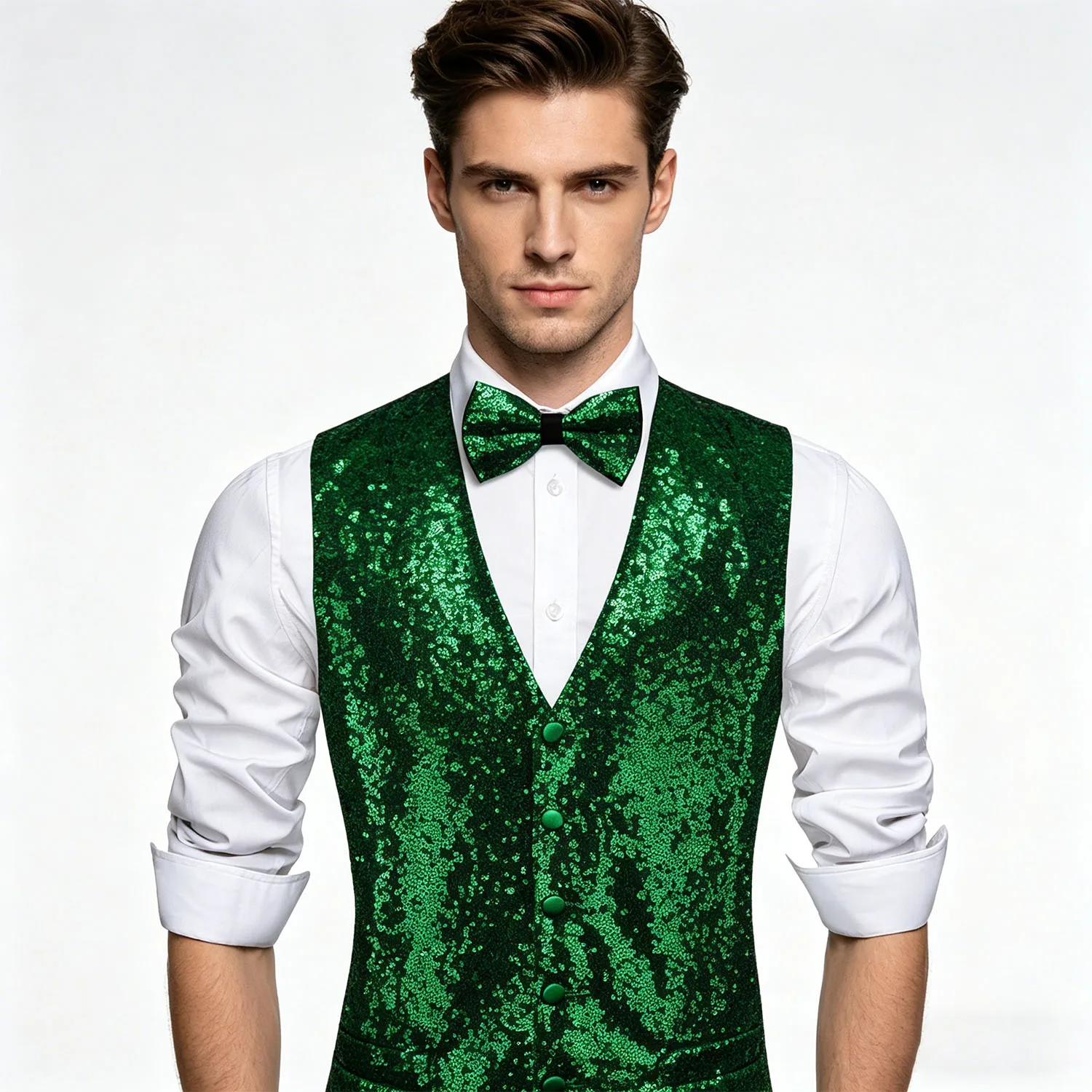 Men's Sparkly Sequin Dress Vest Set, Slim Fit Formal Waistcoat with Matching Bow Tie, Ideal for Weddings, Costumes Stage Shows