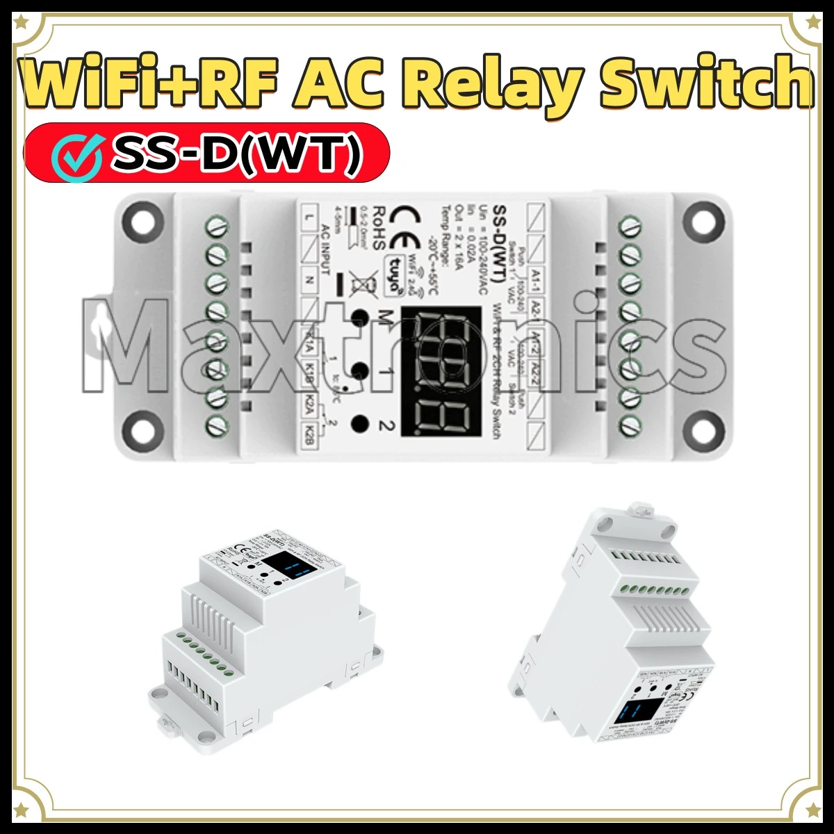 WiFi+RF AC Relay Switch SS-D(WT) (Tuya App) 100-240VAC 2CH*8A Tuya Smart APP Cloud Control for Single Color LED Light Halogen