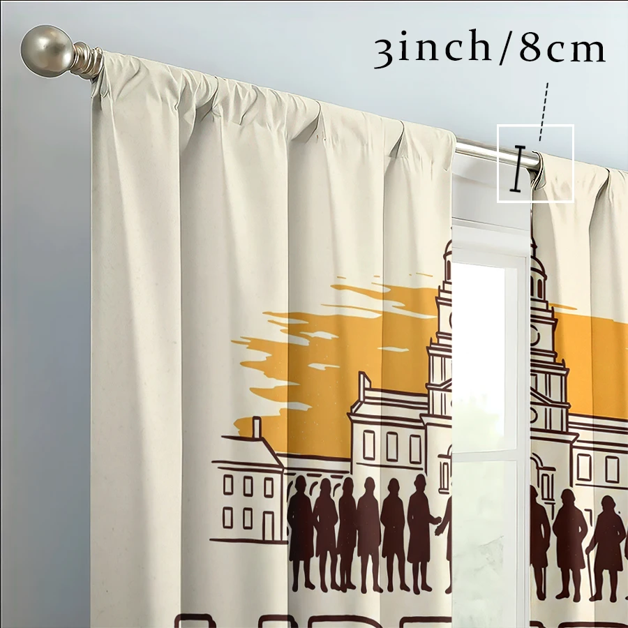 2PCS Curtains, Vintage Independence Day Independence Hall Building, Founding Fathers Silhouette and USA Map Pattern Print, Appli