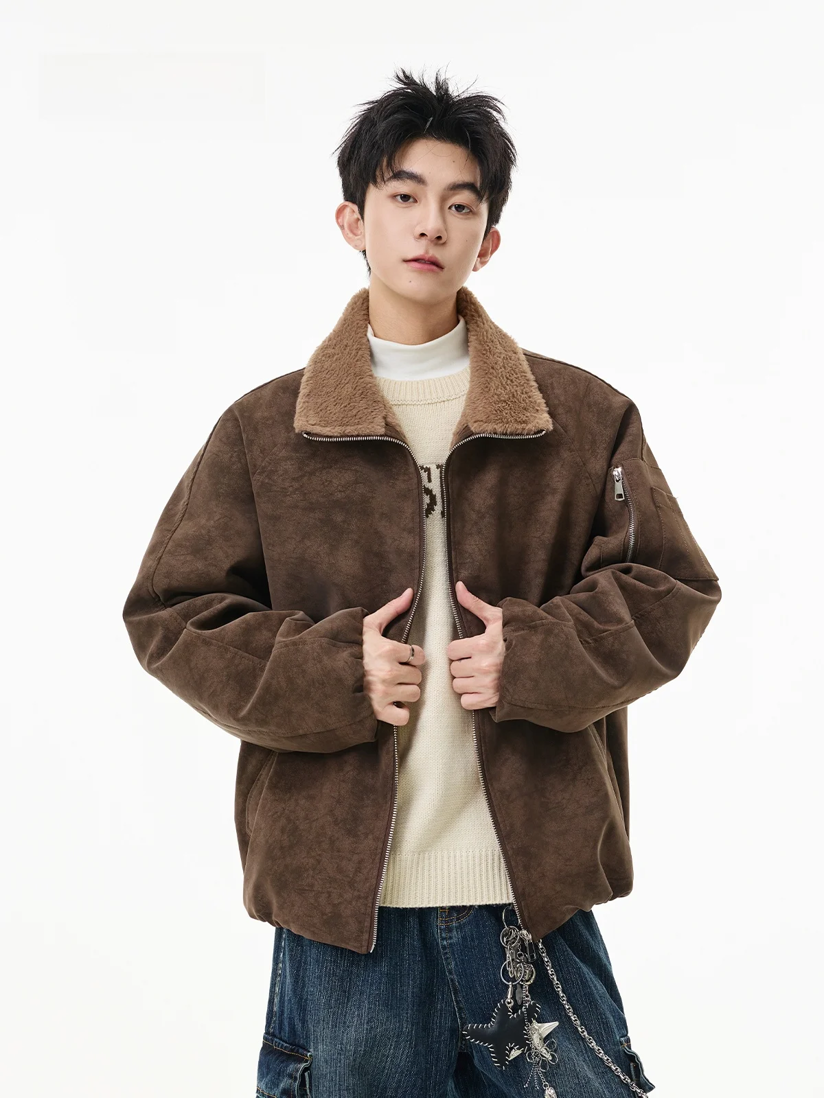 

American Retro Faux Suede Collar Men's Cotton Jaet Winter Heavyweight Premium Fce Lined Zipper Design Flight Jaet