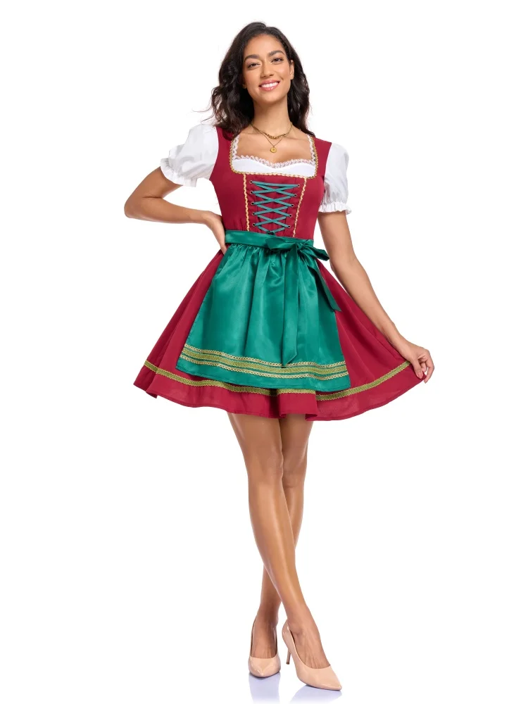 Damen Oktoberfest Puffärmel-Kleid Bayerisches Dirndl Grünes Satin-Schürzen-Outfit Festival Karneval Party Kostüm 2026 – Detail 2