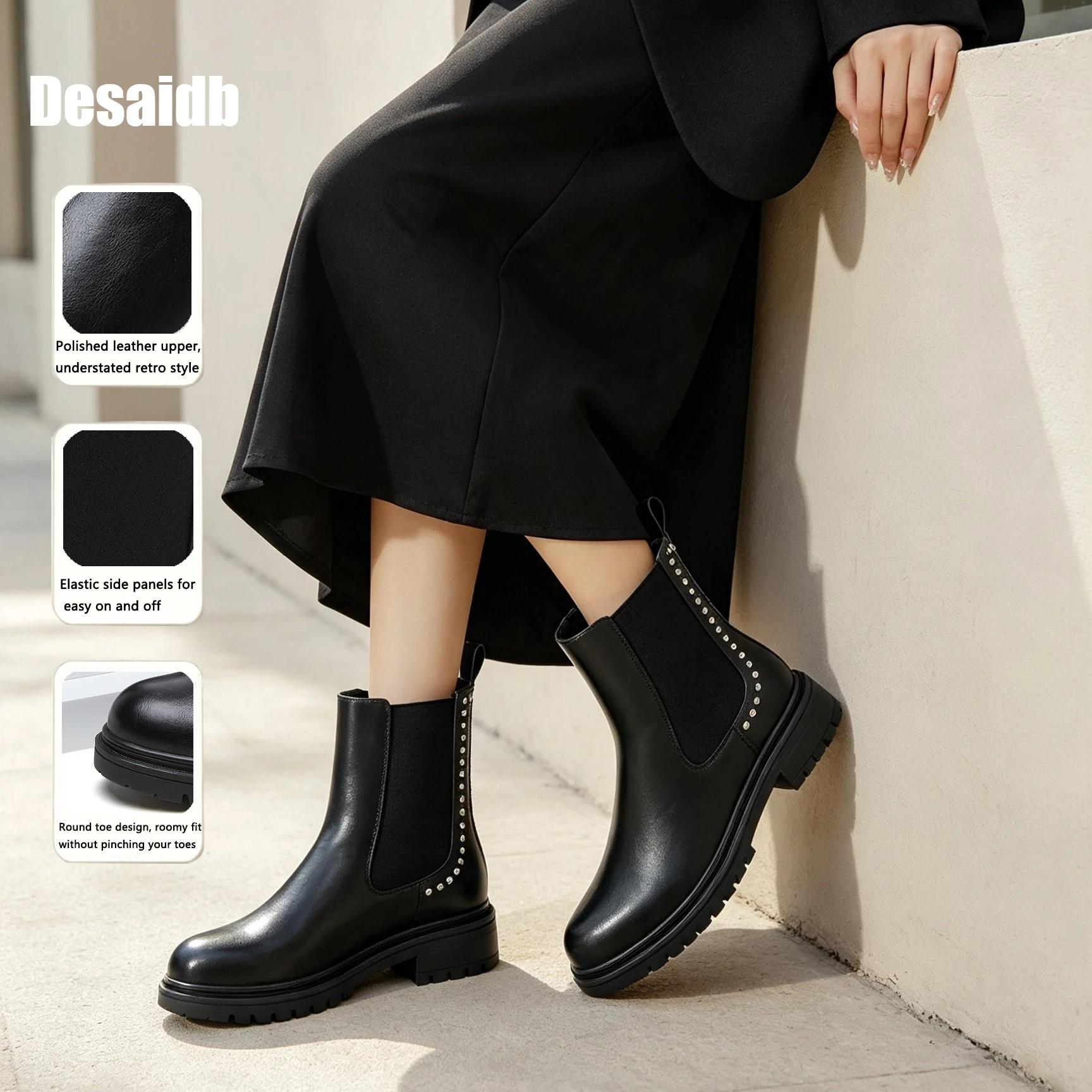 Desaidb Women British Style Burnished Ankle Boots, Studded Slip-on Chelsea Boots, Chunky Lug Sole Vintage Commuter Tube Boots