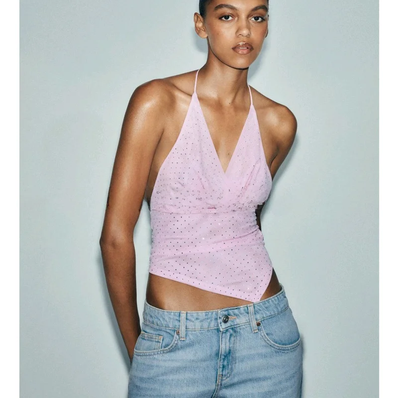 صيف جديد المرأة عقدة مربوط المياه الماس مزين شبكة حريرية V-ne Strapl Svel أعلى تخفيف Sle api...