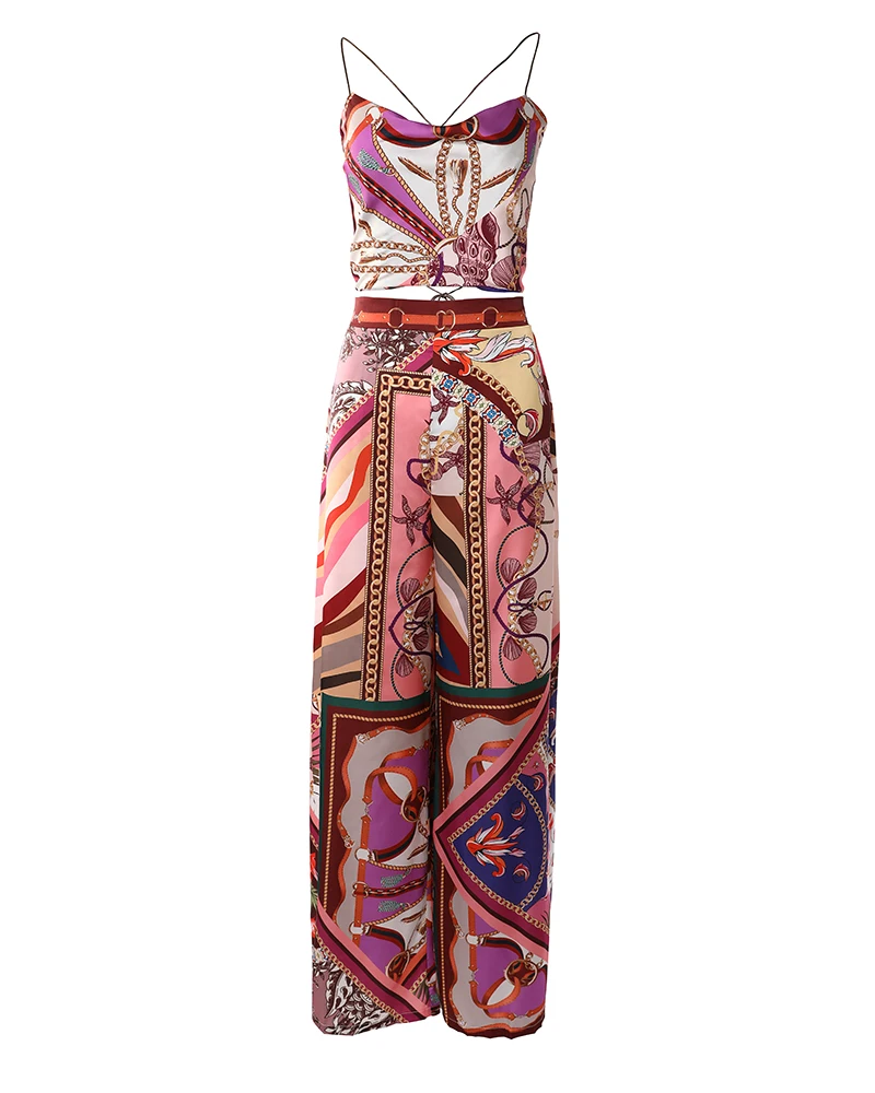 Elegant Ladies Summer Camisole Two-Piece Set Retro Chain Printed Backless Camisole Top Wide Leg Pants Set Loose Vacation Set