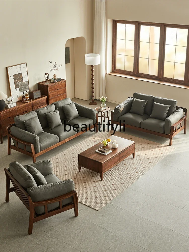 

North American black walnut sofa Nordic leather sofa combination living room full solid wood furniture0746