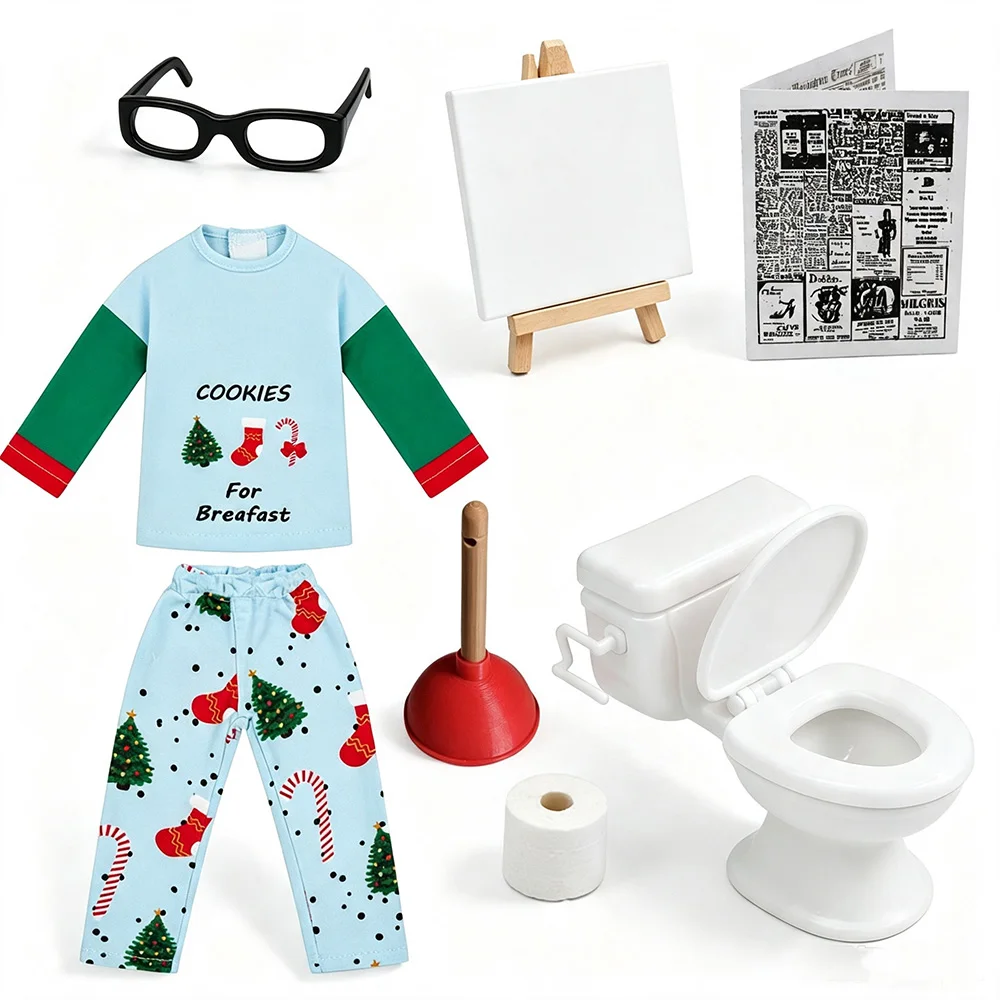 Christmas Pajamas Outfit Set for 30cm Dolls with Mini Toilet Painting Easel Glasses And Newspaper Scene Accessories