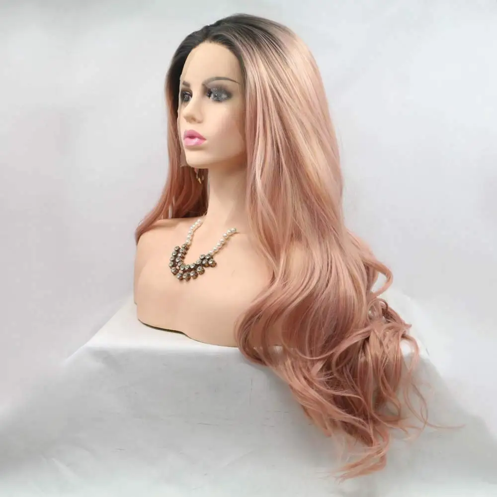 Ombe Peach Red with Dark Roots Synthetic Wigs Long Wavy Rosy Pink Lace Front Wigs Body Wave Hair Rose Gold Pink Wigs For Women