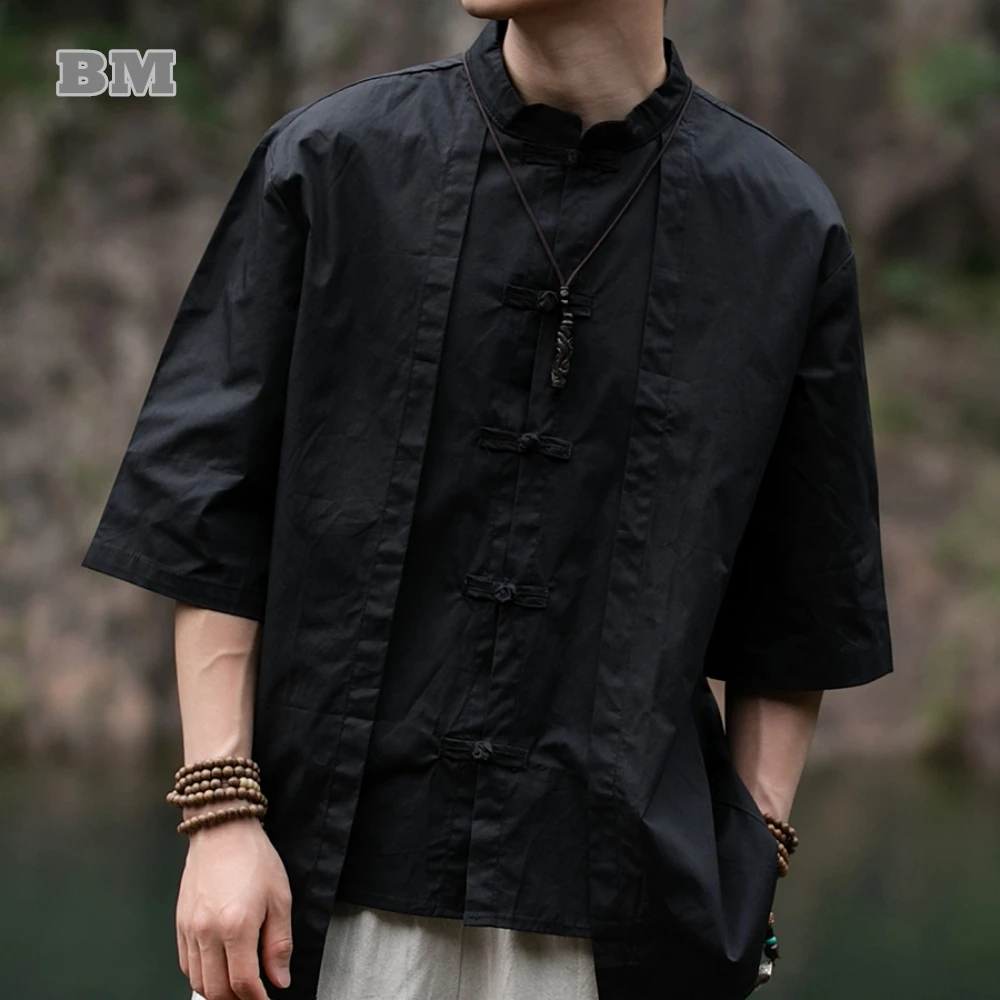 

Summer Chinese Style Short Sleeve Shirt For Men Plus Size Vintage Fake Two Shirts Traditional Dress Tai Chi Kung Fu Casual Top