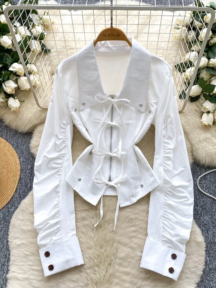 

Foamlina Street Niche Bow Tie Lapel Long Sleeve Blouse Women Autumn 2025 New Office Casual Cinched Waist Top Shirt