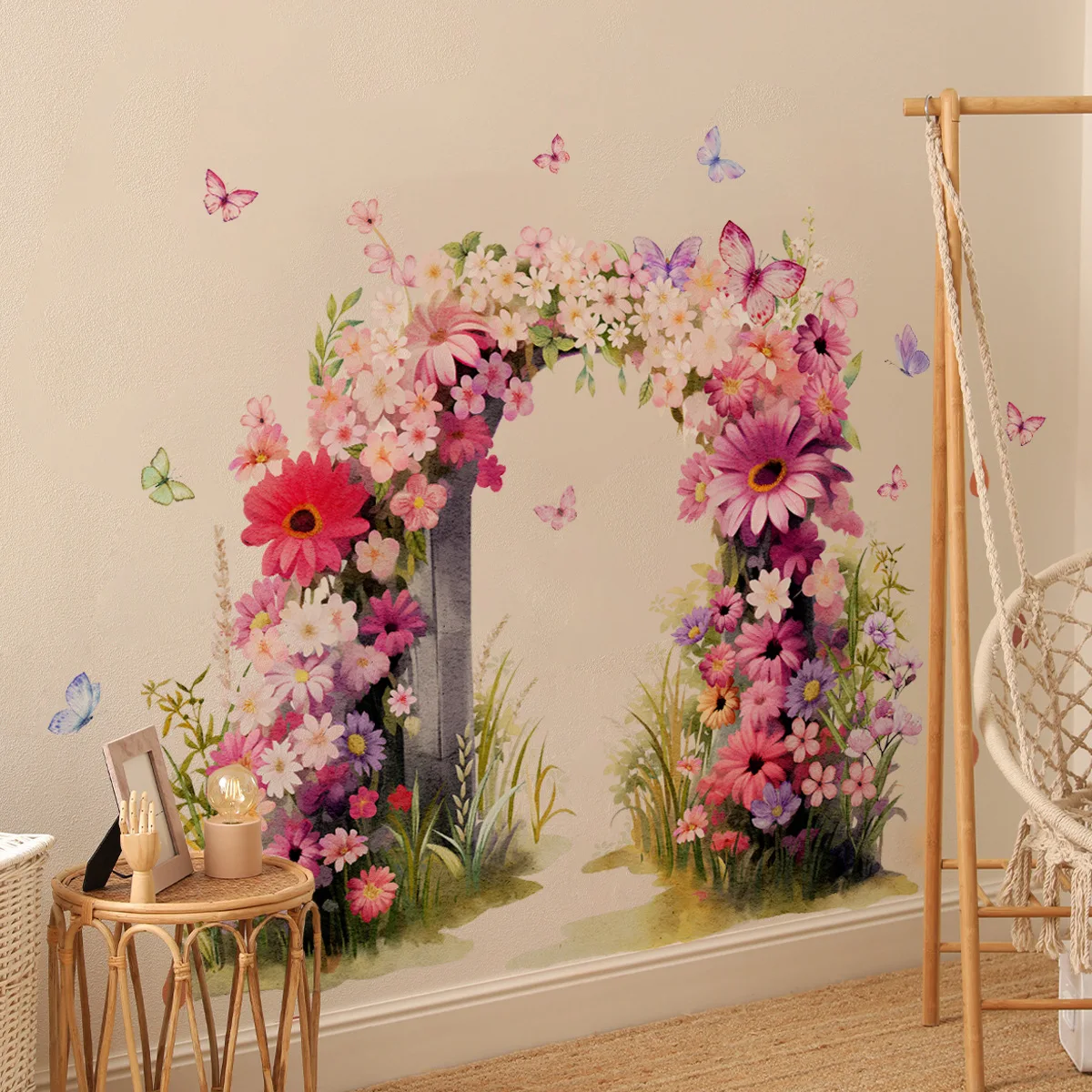 Adesivo de parede estético rosa flor borboleta arco-papel de parede autoadesivo removível para quarto sala de estar decoração floral de casa