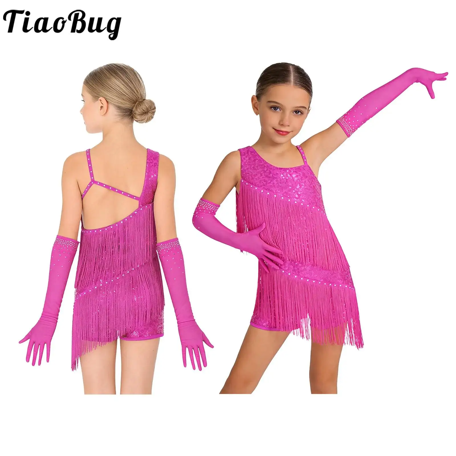 Kids Girls Lyrical Latin Cha-cha Dance Costume Sleeveless Tassel Jumpsuit Tango Salsa Fringed Leotard Stage Performance Outfits