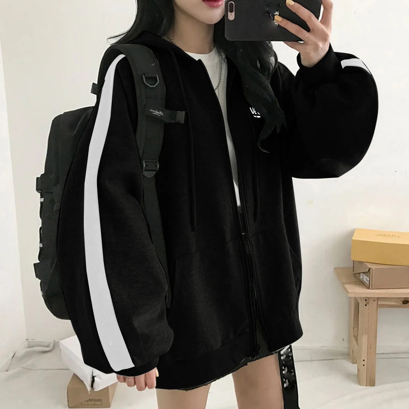 Harajuku Women Sweatshirts Korean Version Oversized Solid Zip Up Hoodies Jacket Retro Long Sleeve Fleece Hooded Sweatshirt Coats