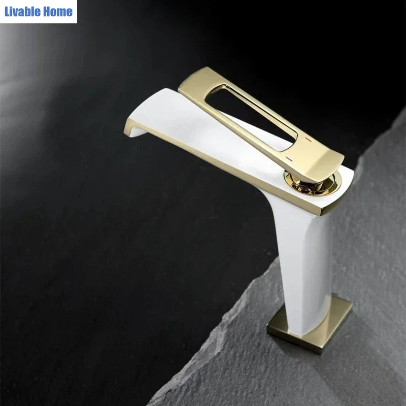 Luxury Solid Brass Basin Faucet Bathroom Sink Faucet Hot & Cold Water Supply Waterfall-Style Basin Faucet