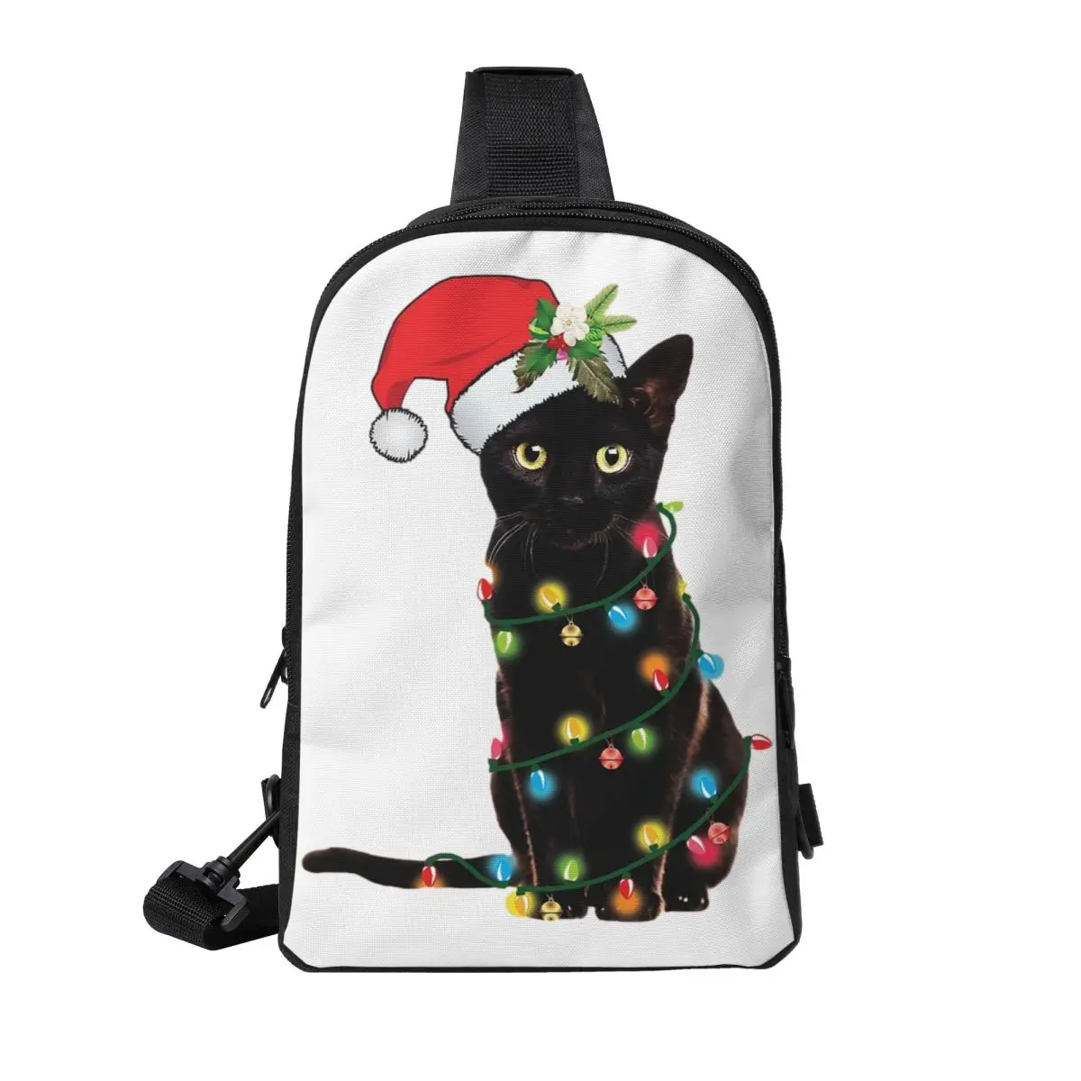

Black Santa Cat Tangled Up In Lights Christmas Santa Chest Bag Men Sling Crossbody Backpack Chest Bag Daypack Shoulder Bag