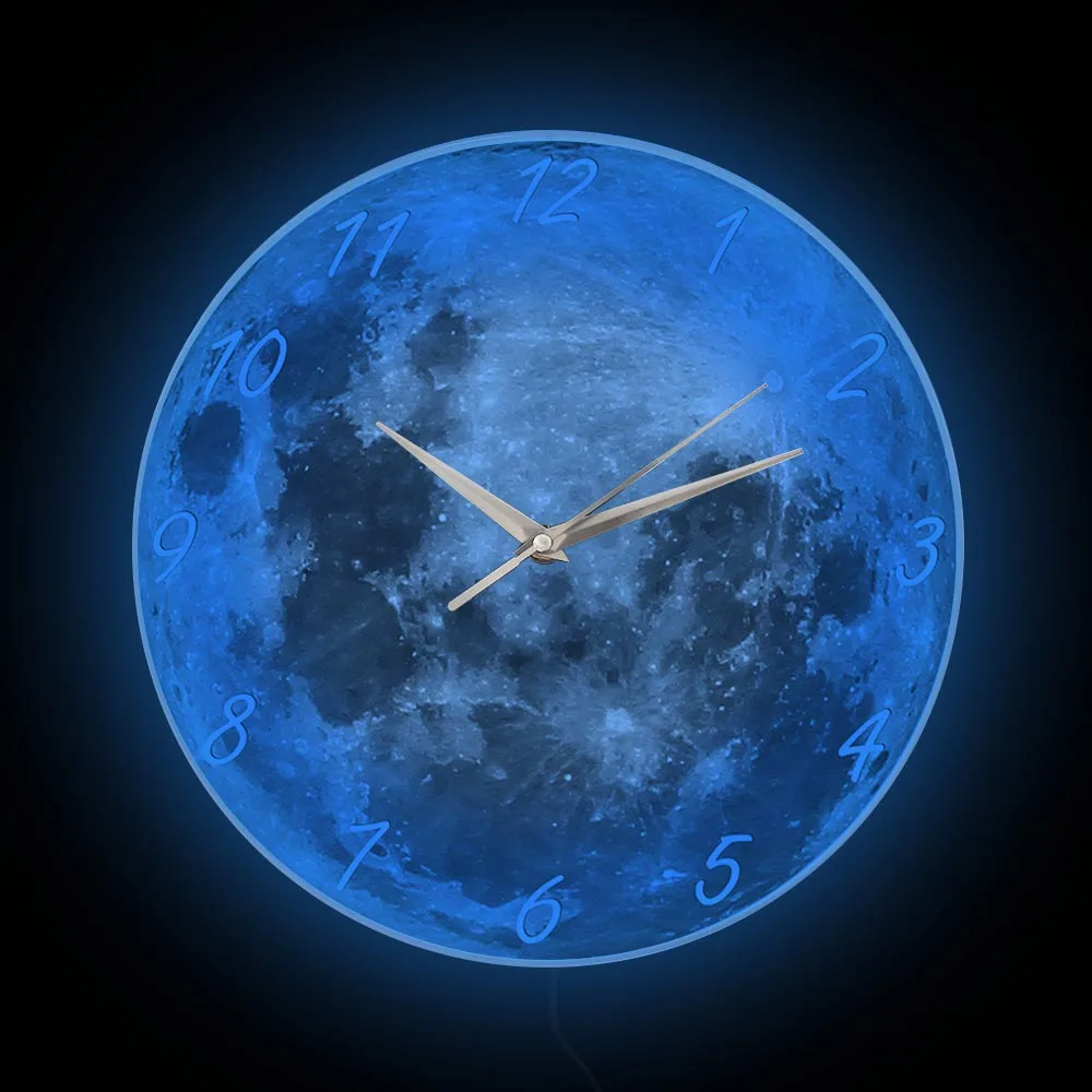 

Lunar Moon Modern Design Illuminated Wall Clock For Living Room Universe Planet Space Home Deco Nightlight Clock Astronomer Gift