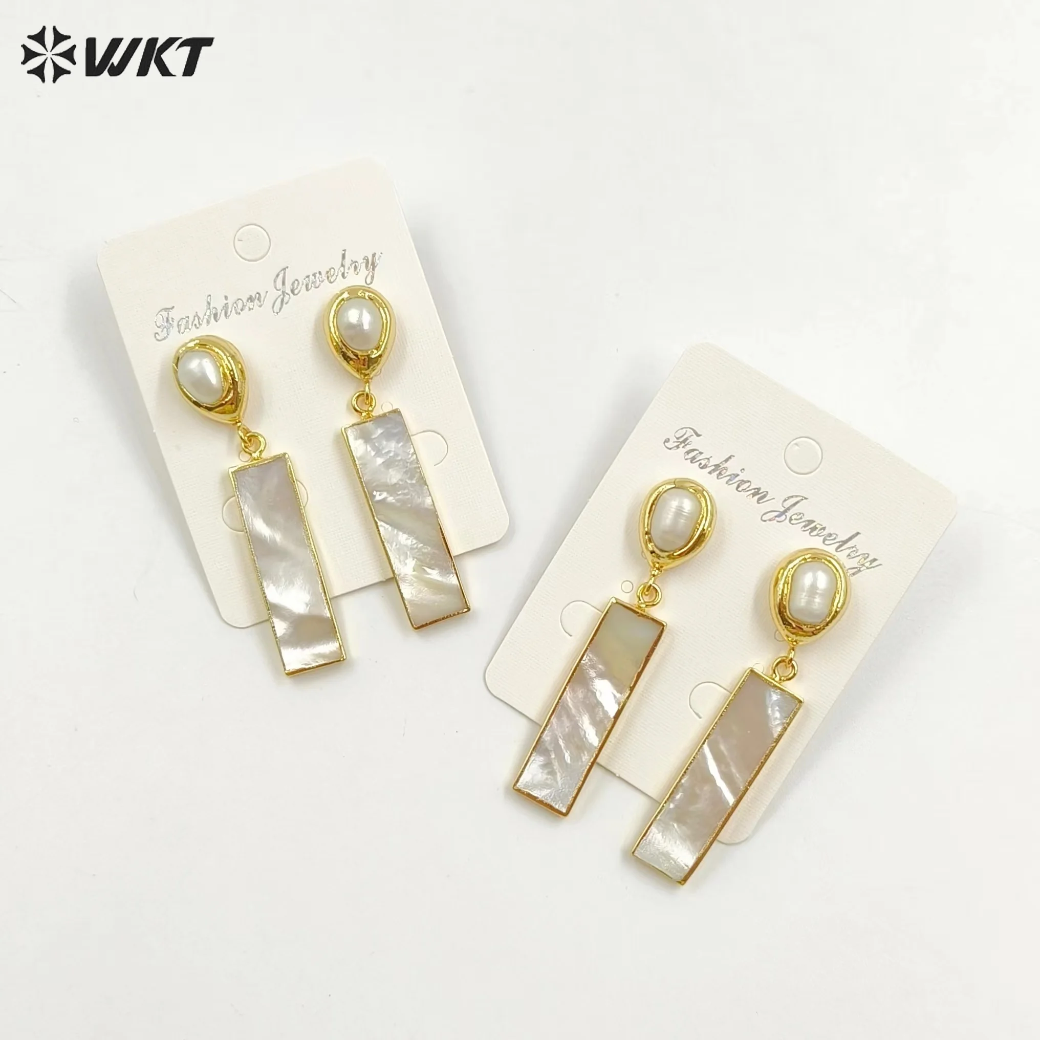 WT-E421 Wholesale Fashion Natural White Stud With Rectangle Shape Shell Pendant Gold Plated Drop Earrings For Ladies Jewelry